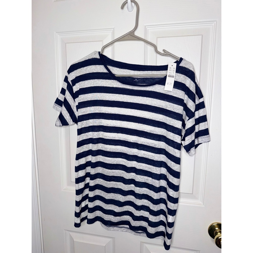 J.Crew T-Shirt Striped 100% Linen Nautical Casual Navy White Small NWT